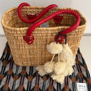 Brand New Misa Los Angeles Woven Basket Tote with Red Handles.